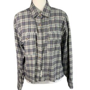 Lucky Brand Raw Edge Flannel Cropped Button Down Shirt  Blue and White.